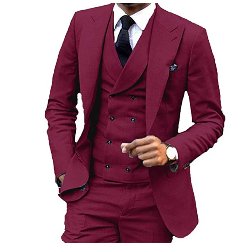 New Costume Homme Grey Peak Lapel Double Breast Vest Men Suit Slim Fit Business Formal Groom Wear 3 Pieces Terno Blazer