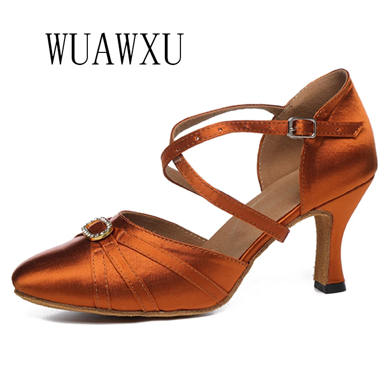 NATASHA2023 New Baotou Latin Dance Shoes with Diamond Buckle Female Adult Soft Sole Dance Shoes Medium High Heel Square Social D