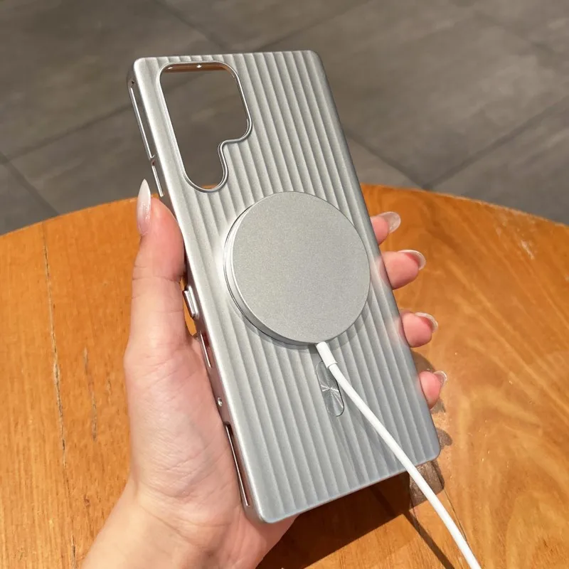 Luxury Striped Metal-Paint MagSafe-Compatible Phone Case, Anti-Scratch & Charging Capable