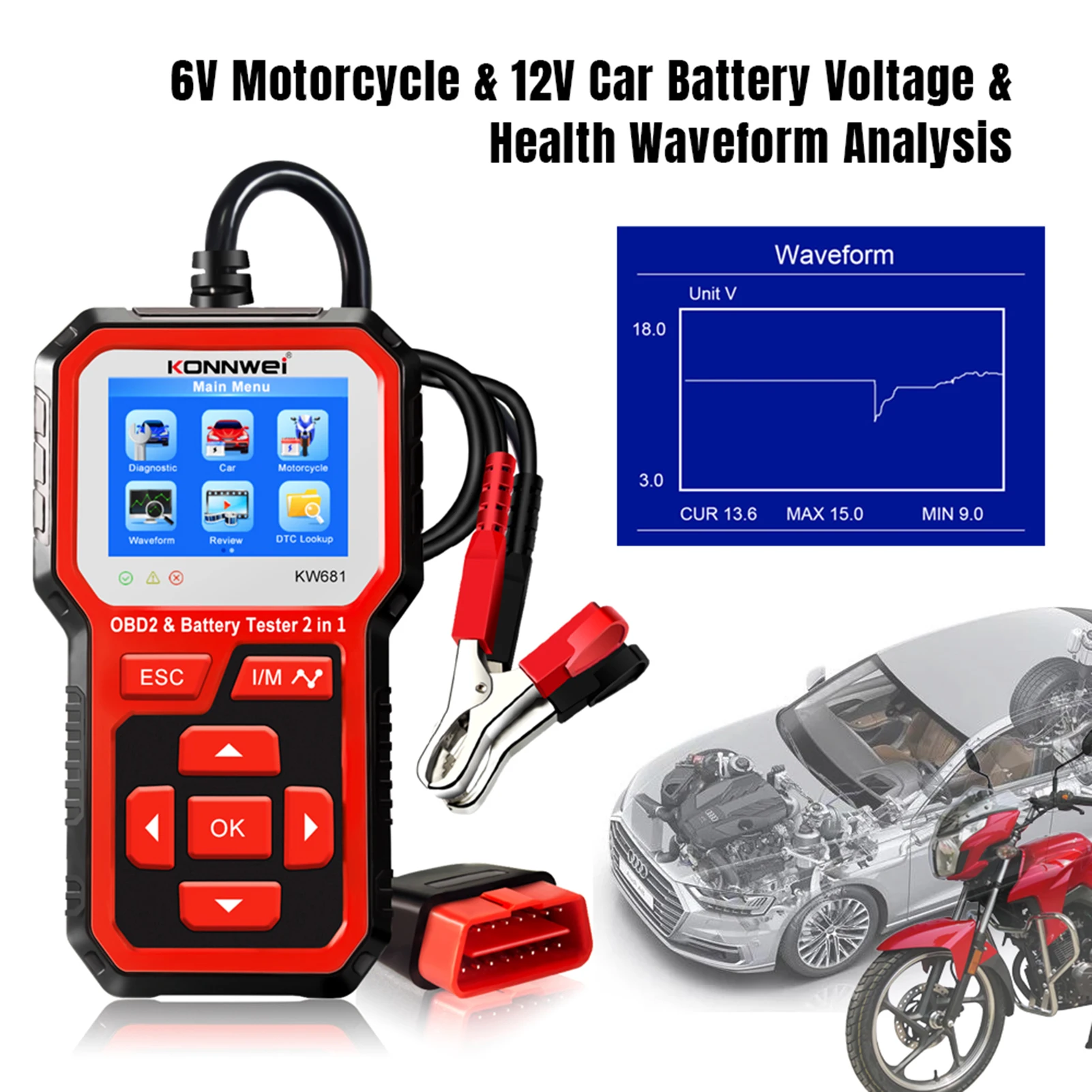 KONNWEI KW681 Car&Motrocycle Battery Tester & OBDII Diagnostic Scanner Tool 2 in 1