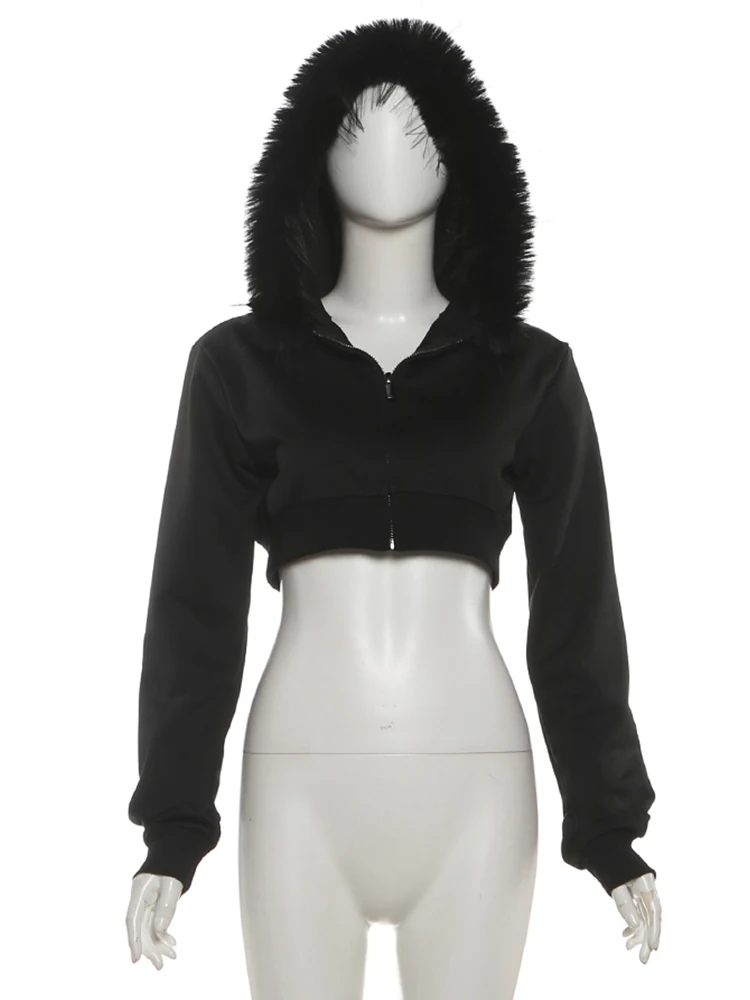 Nibber Patchwork Plush Hooded Crop Coats Women Zipper Full Sleeve High Street Sexy Hottie Autumn Trend Hip-Hop Style Sexy Jacket