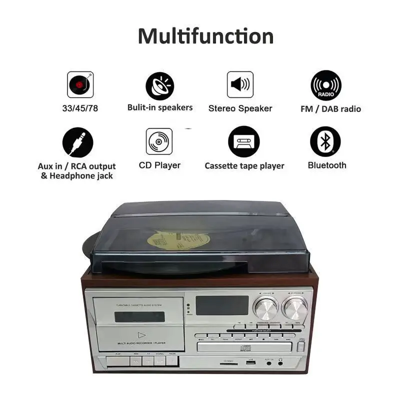 다기능 목재 비닐 레코드 플레이어, 올인원 홈 오디오 시스템, CD 카세트 턴테이블, AM FM 라디오 USB