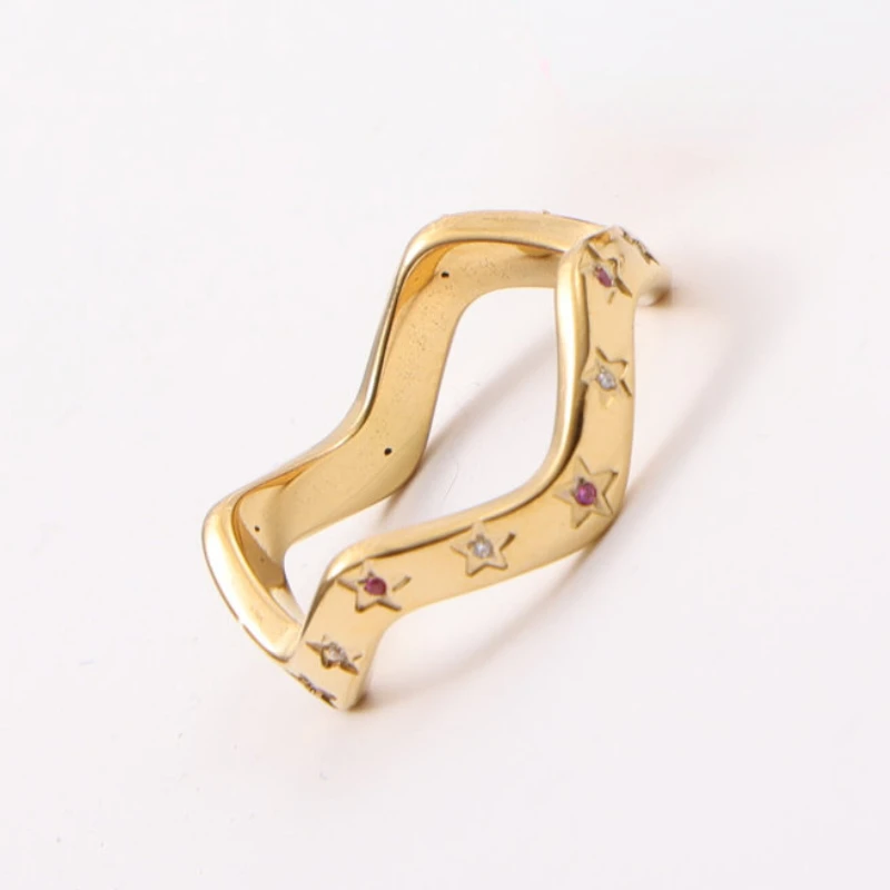 High End PVD Non Tarnish Red Clear Color Zircon Wave-shaped Ring Stainless Steel Ring for Women 4