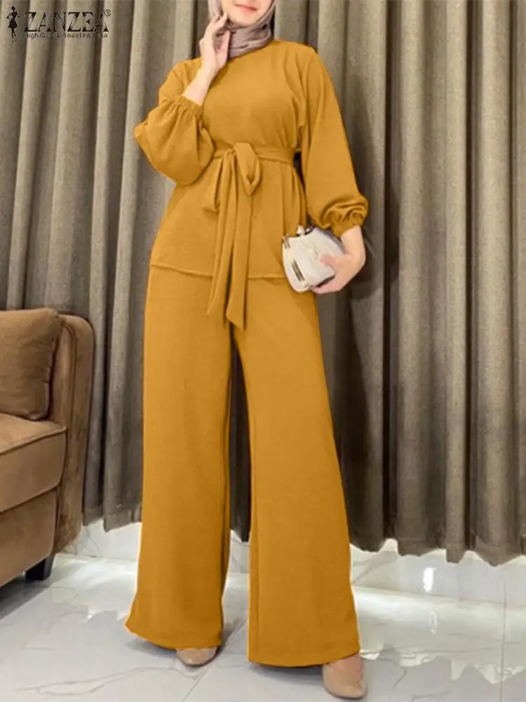 

2023 ZANZEA Two Piece Sets Womens Outifits Fashion Autumn Muslim Abaya Pants Sets Solid Loose Work Matching Set Urban Tracksuit