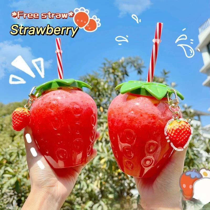 Summer cartoon kawaii strawberry straw cup plastic cup lovely girl milk tea coffee student portable water water bottle