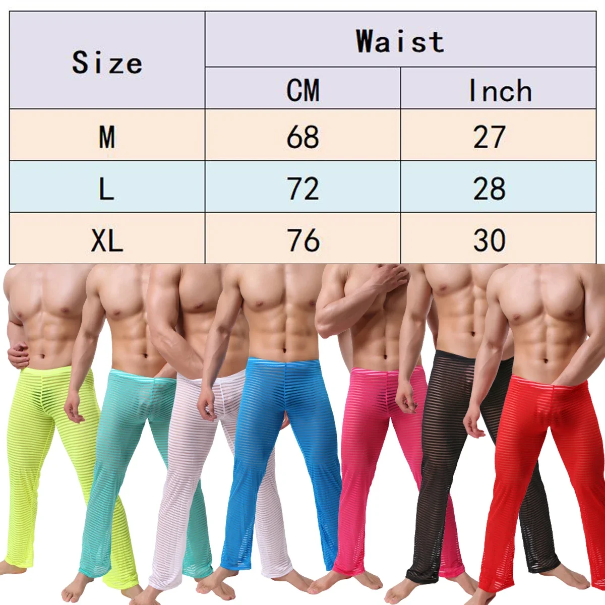 FYXLJJ Mens Sexy Transparent Pantalon Pijama Sleepwear Homme Soft Casual Sleep Bottoms Stripe See Through Pajama Trousers Pants