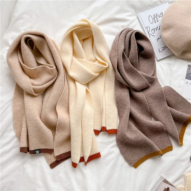 

Design Solid Warm Cashmere Scarf for Women Fashion Neckercheif Long Skinny Knitted Scarves Female Woolen Yarn Neck Tie Bandana