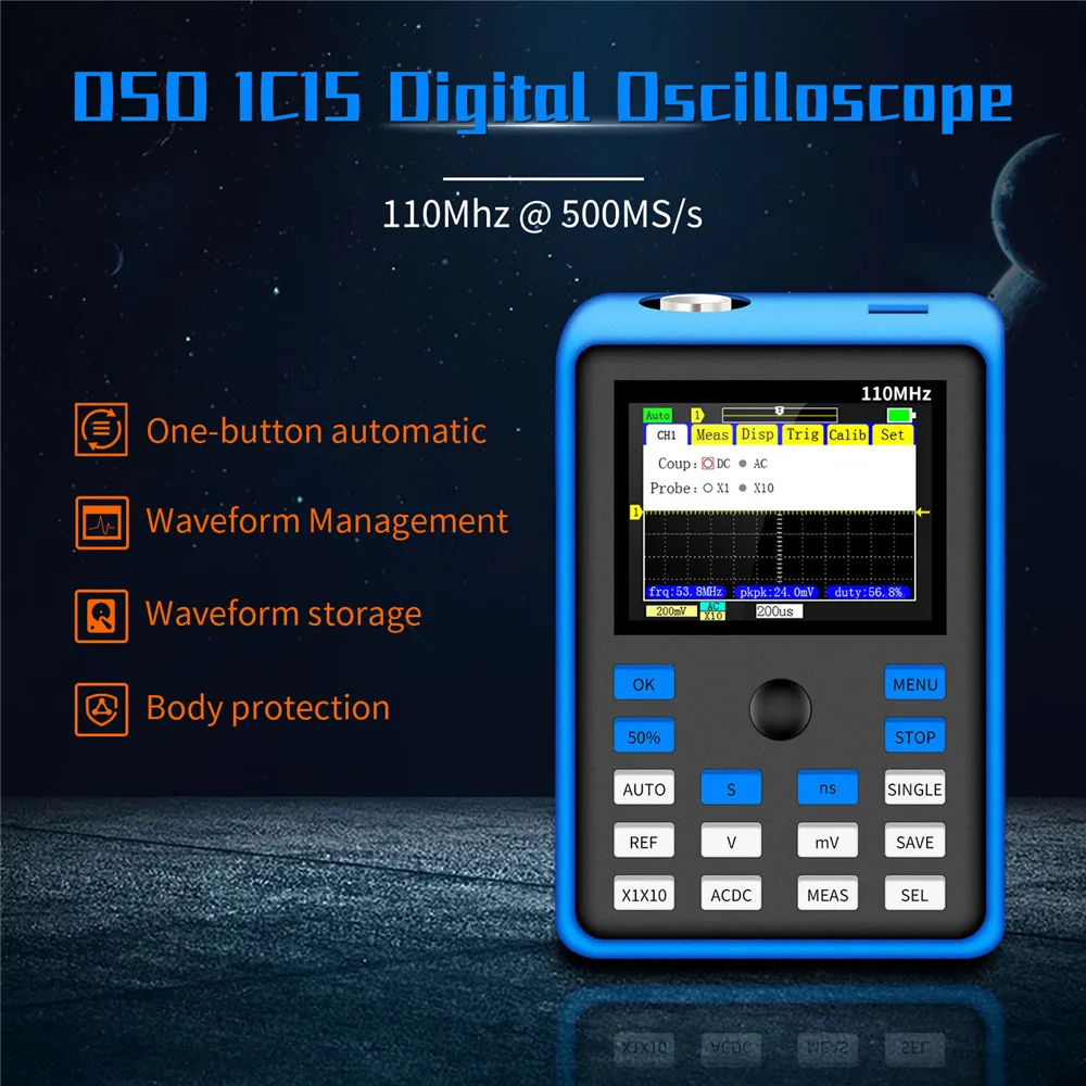 2.4 인치 스크린 디지털 오실로스코프, 500 MS/s 샘플 속도, 110MHz 아날로그 대역폭, DSO1C15