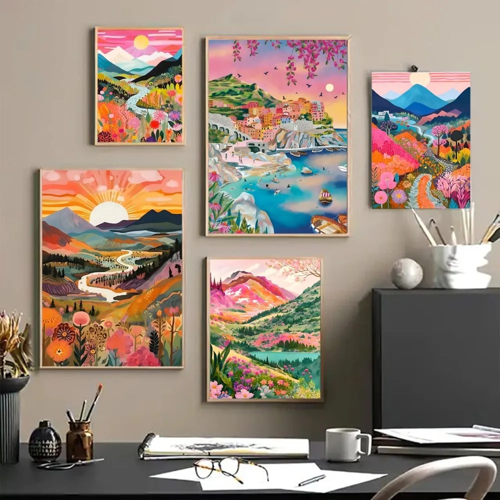 Flowers Mountain Lake Colorful Nature Landscape Travel Poster Posters Sticky HD Quality Wall Art Retro Posters for Home Kawaii 1