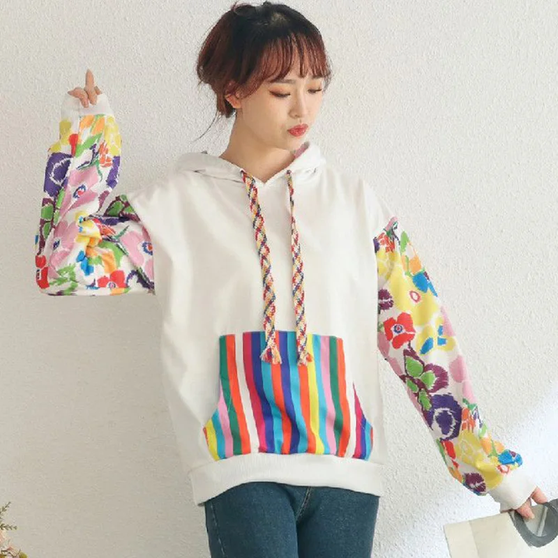 Autumn Winter Flower Fashion Patchwork Women\'s Hoodies Casual Elegant Y2K Tops All Match Pullover Long Sleeve Female Clothes