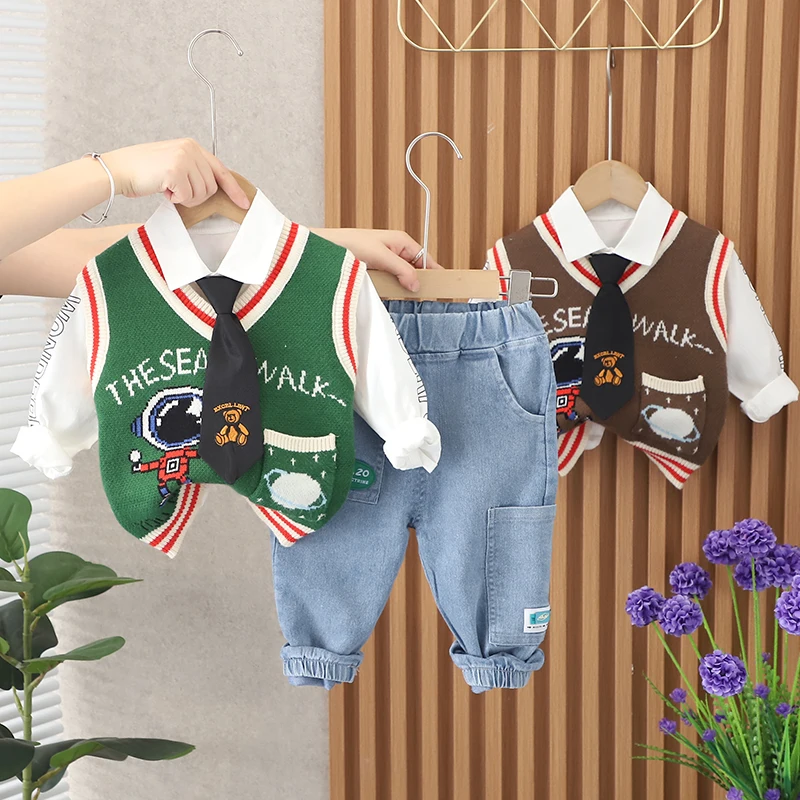 Fall Baby Boy Clothes 1 to 2 Years Handsome Cartoon Letter Sleeveless Vest  + T-shirts + Pants Toddler Outfits Kids Tracksuits - AliExpress