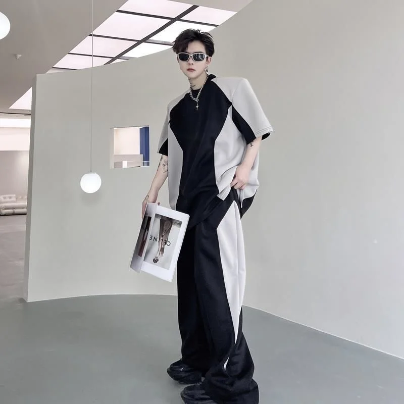 

Корейские высококачественные мужские контрастные свободные топы с коротким рукавом и прямые брюки унисекс комплект из 2 предметов