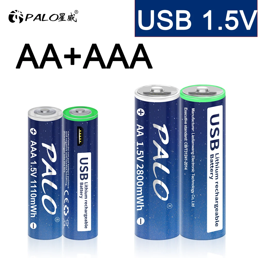 Palo 2800Mwh 1.5V Usb Aa Batteria Ricaricabile Agli Ioni Di Litio Aa + 1110Mwh 1.5V Aaa Batterie Ricaricabili Al Litio Aaa Con Cavo Usb Gratuito