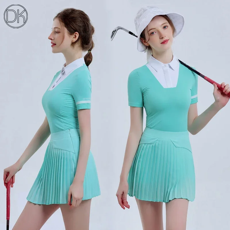 

DK New Golf Women's Green Suit Short Sleeve T-shirt Top Summer Beathable Quick Dry Slim Shirt Ladies Sports Golf Pleated Skirt