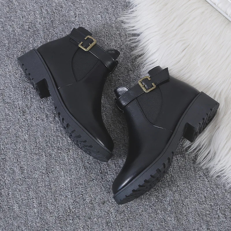 

Женские Кожаные Ботинки Martin, новинка 2022 года, зимние ботинки на блочном каблуке, повседневные Универсальные женские ботинки с эластичным ремешком и пряжкой