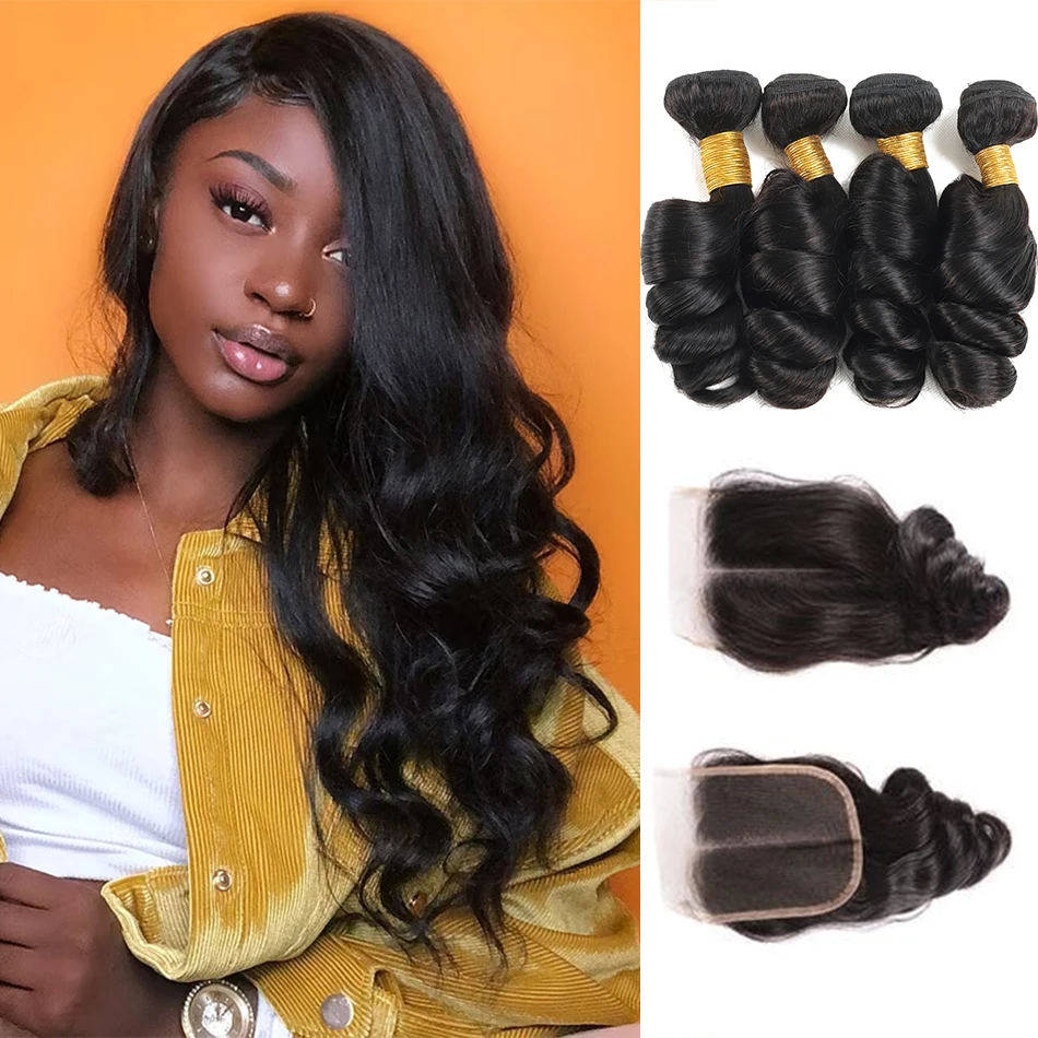 12A Loose Wave Human Hair Bundles With Closure Brazilian Virgin Human Hair Bundles With Swiss Lace Loose Deep Wave Natural Black human hair bundles