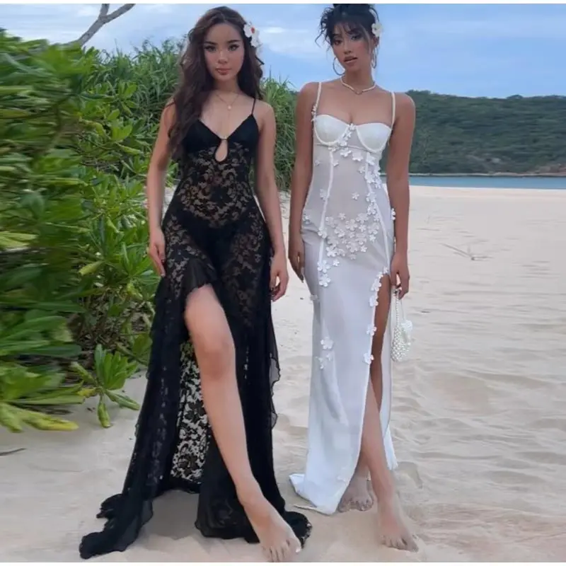 Sexy 3D Flowers Sling Tube Dresses Women Vintage Solid Slim Fit Sleeveless Slit Long Dress Female Spring Chic Evening Vestidos