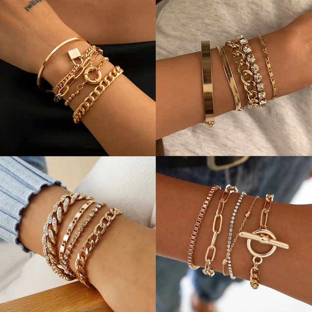 Punk Style Bracelet Set Chunky Alloy Chain Hand Jewelry, Jewels for Party Clothings Decoration Accessories,Bracelet for Women,Temu