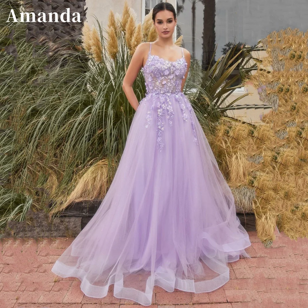 

Amanda Princess A-line Vestido De Novia Sexy Spaghetti Strap Prom Gown Cute Prom Dress 2023 Purple Embroid فساتين مناسبة رسمية