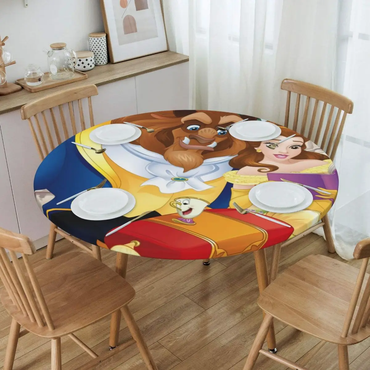 

Round Disney Beauty And The Beast Tablecloth Fit Elastic Edge Table Cloth Romantic Fantasy Song And Dance Movies Table Covers