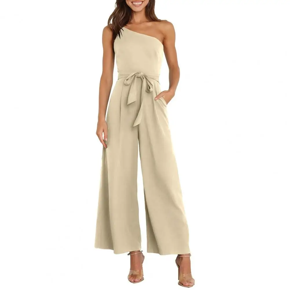 

Women Jumpsuit Slim Waist Off Shoulder Solid Color Belted Lace-up Spring Summer Ladies Wide Leg Pants Long Romper Overall Women