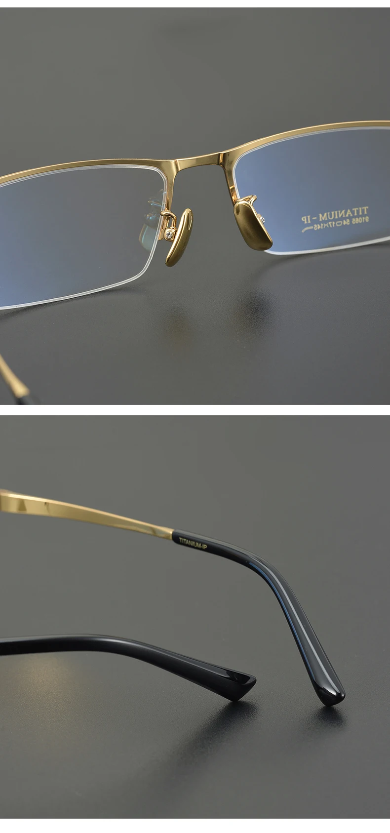 2026 Herren Business Reintitan-Brillengestell Modische Eckige Halbrandbrille 91065 Einzigartiges Design Goldfarbene Brillen Oculos – Detail 9