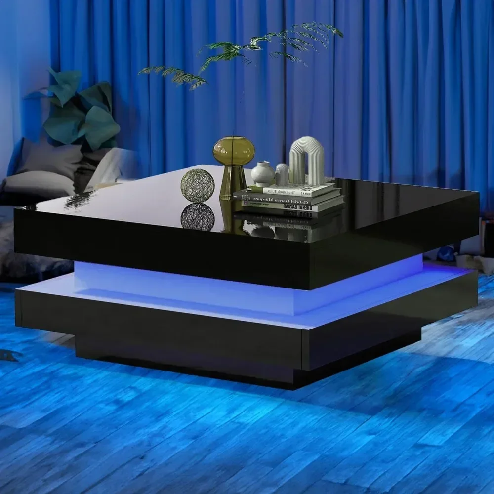 Coffee Table LED, 2-Tier Modern Middle Center Table, Coffee Tables with 16-Color Plug-in Light, Cocktail Tea Table, Table