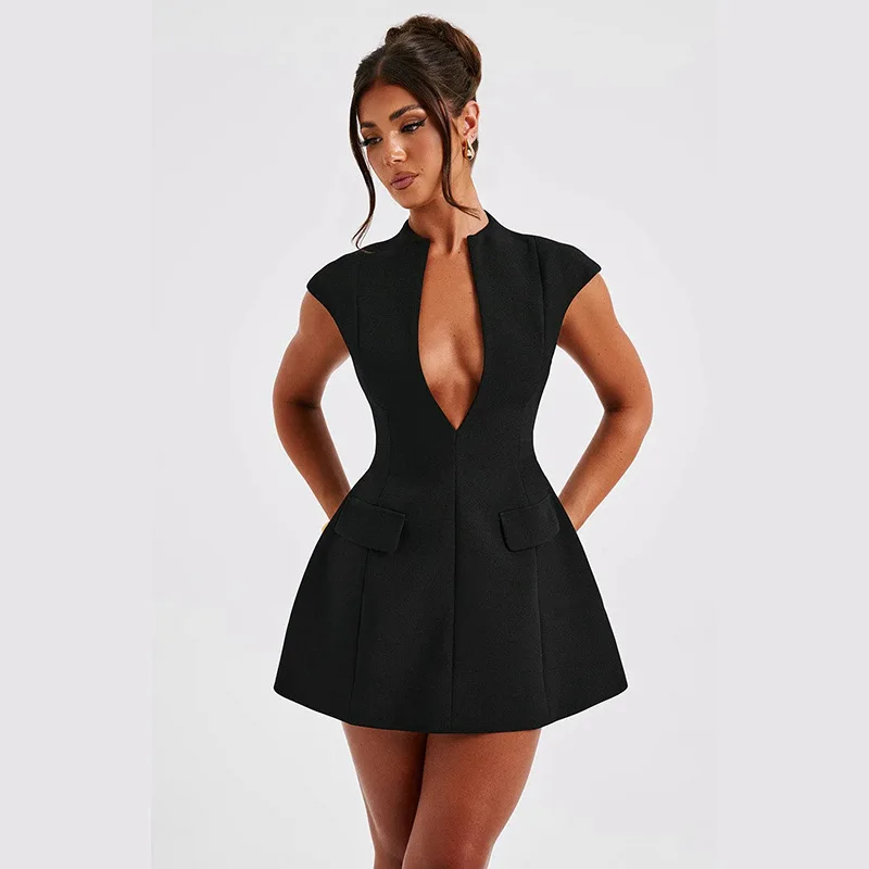 Slim Fit Short Dress Sexy Deep V Neck Dress Women Solid Color High Waist A-Line Fashion Lady Birthday Party Dresses 2025