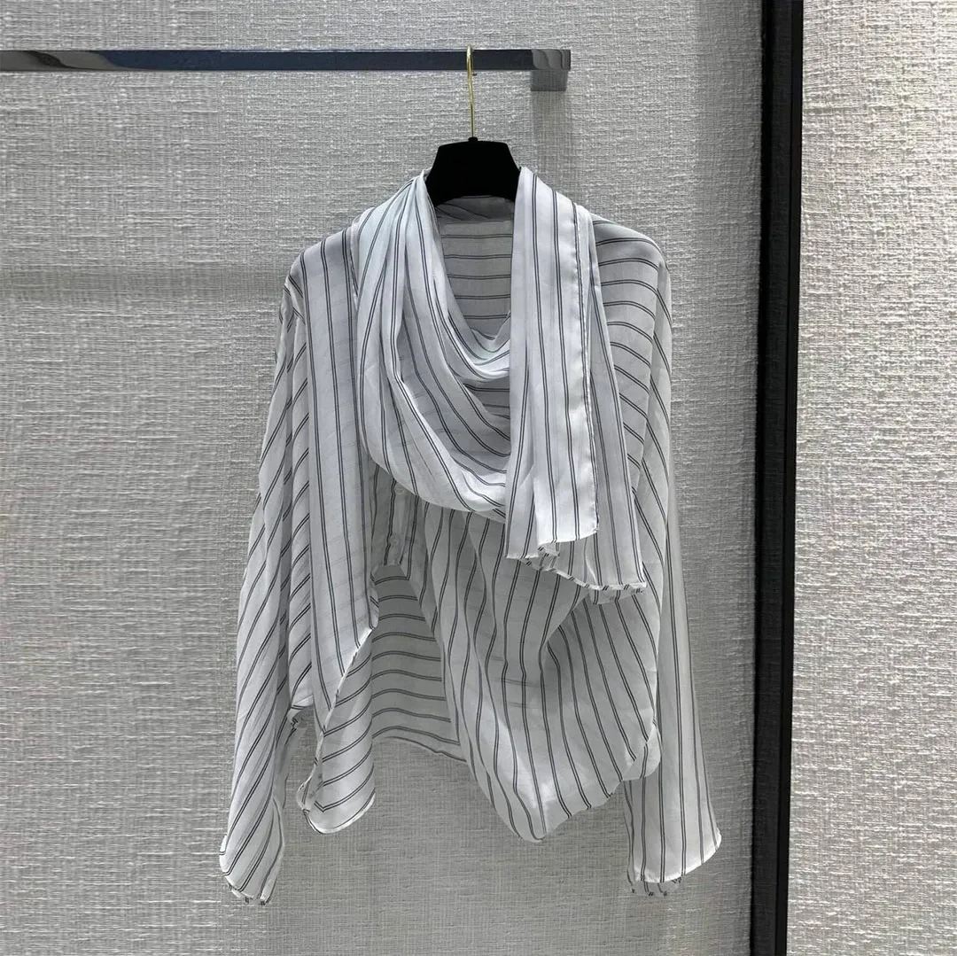 

2024 New Spring Summer Fashion Vertical Stripes Transparent Shirt Women Scarf Collar Long Sleeve Loose Chic Sweet T-shirt
