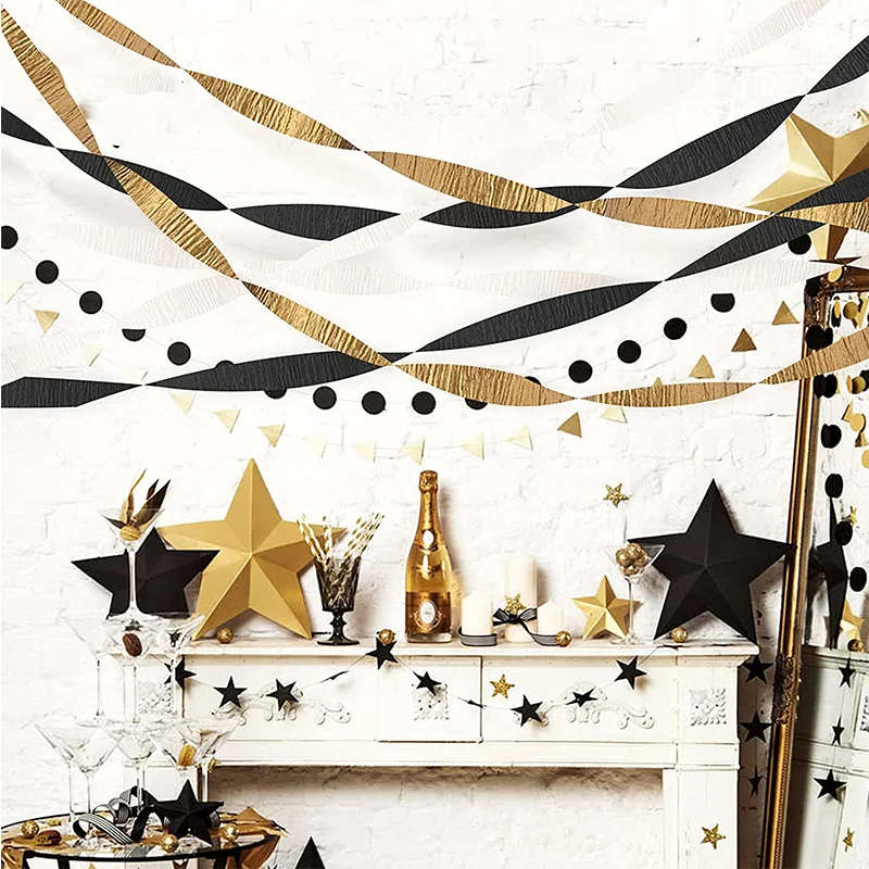 Black Gold Birthday Party Streamer Rolls Decoration Crepe Paper Gold Garland for Xmas New Year Baby Bridal Shower Backdrop decor