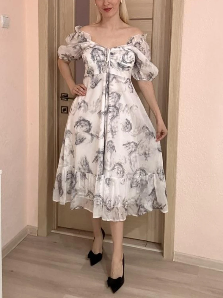 

Sexy French Style Vintage Party Midi Dresses Women Summer Floral Print Dress Casual Korean Fashion Elegant Retro Dress 2024 New