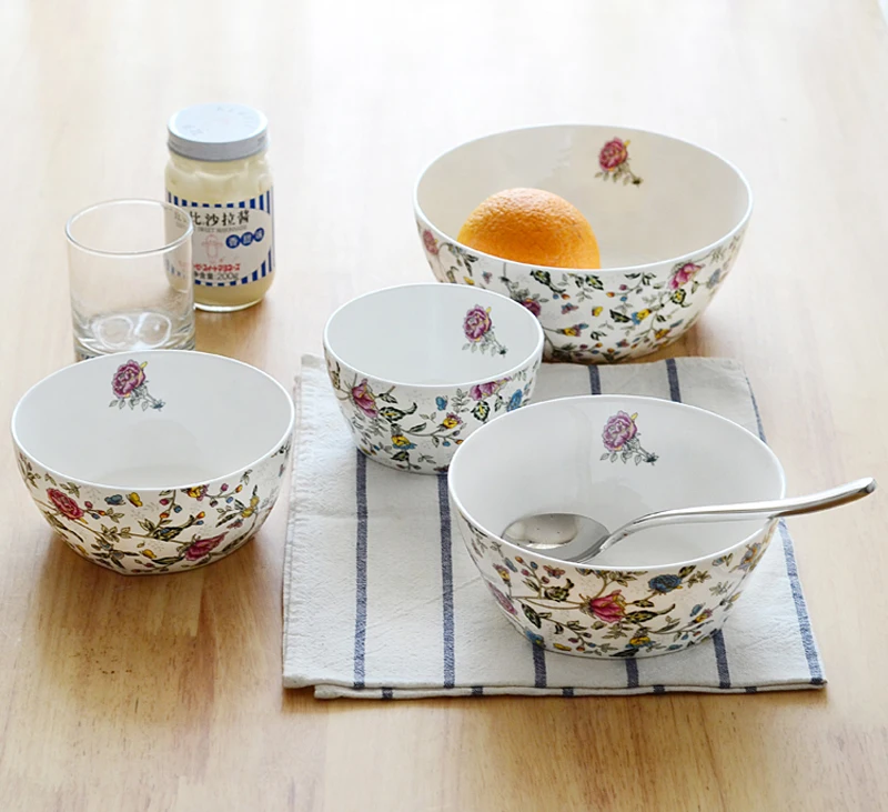 

4pcs Set, Floral Bone China Ramen Bowl Set, Ceramic Bowls for Dinner Kitchen, Porcelain Soup Bowls for Serving, Mixing Bowls