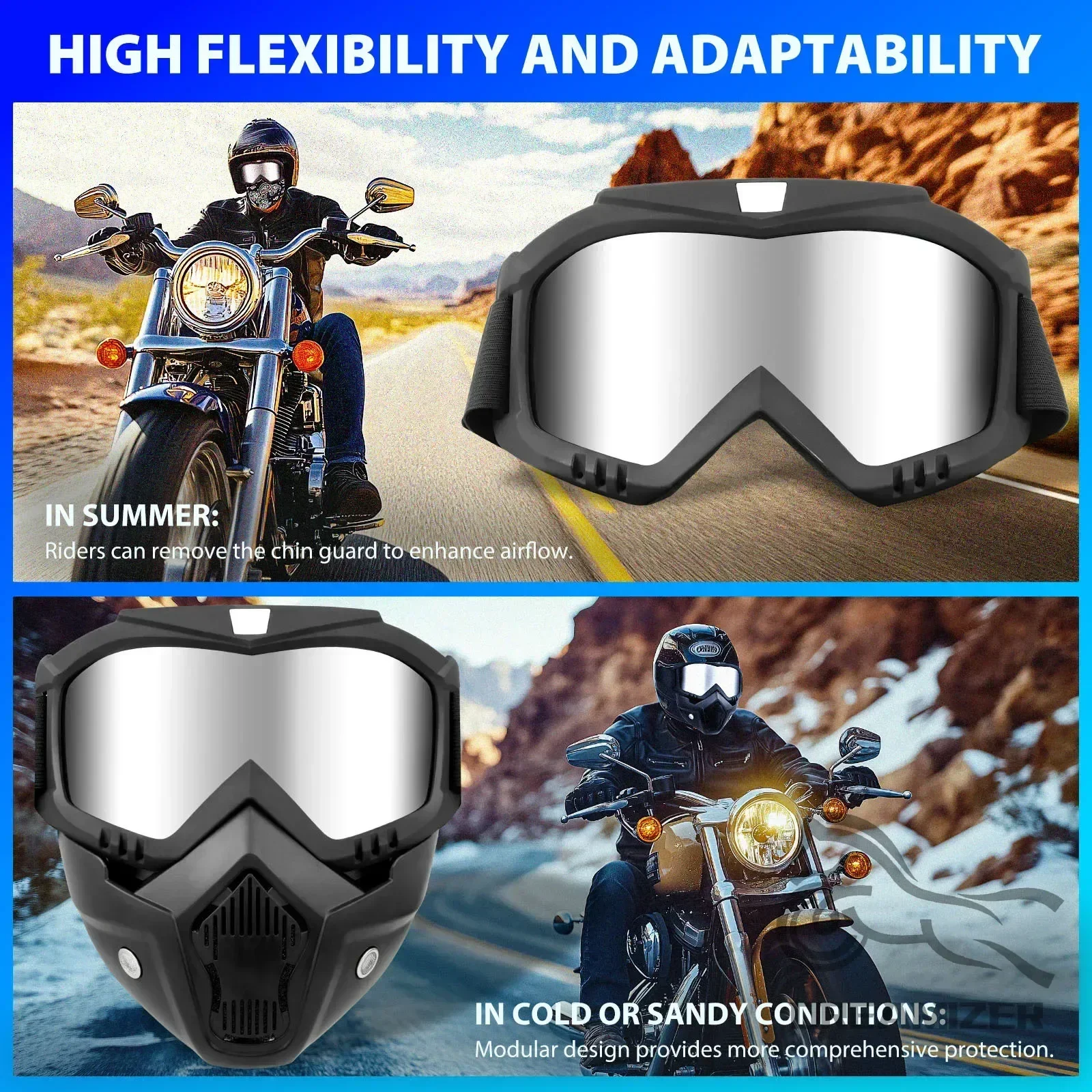 오토바이 고글 탈부착 가능한 먼지 보호 오토바이 마스크 오토바이 보호 고글 안경 방풍 페이스 마스크