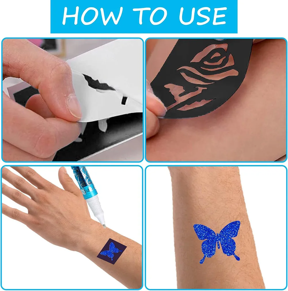 Temporary Glitter Tattoo Kit-Body & Face Art with Templates,Long Lasting & Waterproof,Festival,Rave,Cosplay,Face & Body Art - 6