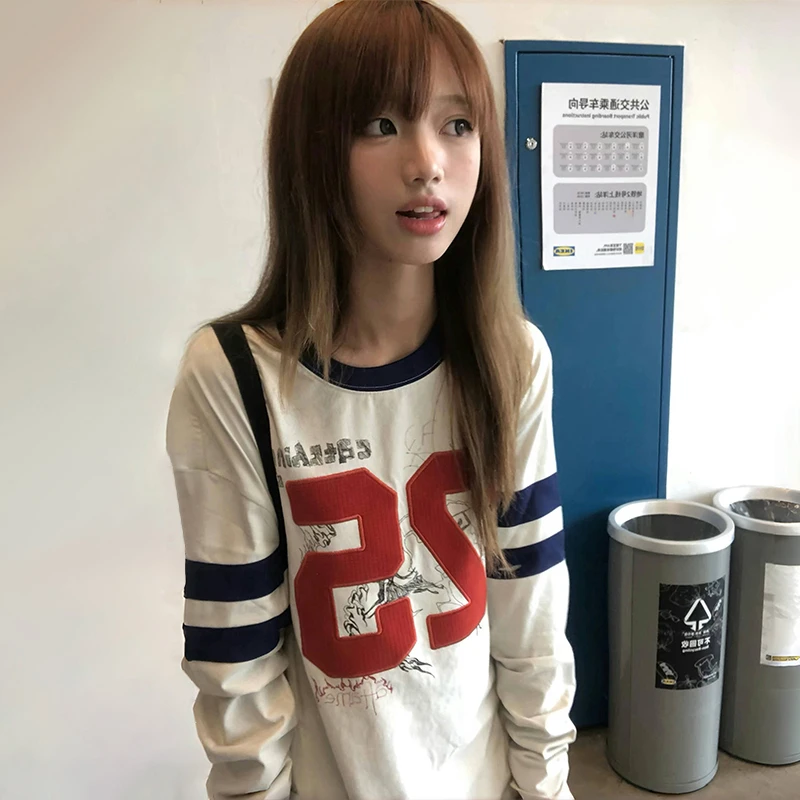 Karrram Japanese Y2k Number Print T-shirt 2000s Aesthetics Long Sleeve Jersey Tops Vintage Harajuku Streetwear American Retro