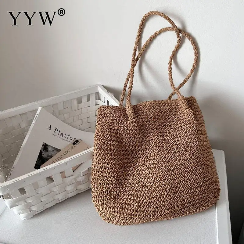 Casual Straw Wheat Woven Pattern Women Handbag Zipper Large Capacity Paper Rope Summer Beach Tote Bag Single Shoulder Lady Purse