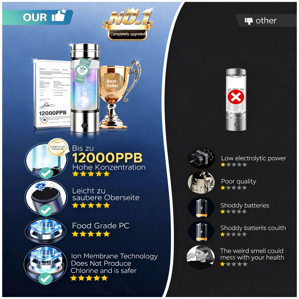 Portable Hydrogen Water Bottle 12000PPB Hydrogen Rich Water Generator Rechargeable SPE PEM Hydrogen Water Maker Cup Travel USB 6