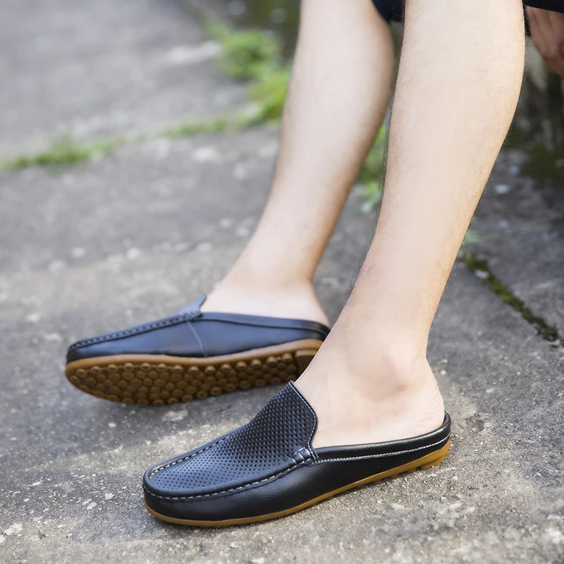 Summer Men Casual Loafers Fashion Breathable Genuine Leather Slippers Outdoor Light Mules Cool Half Shoes Italian Design Sandals — view 5