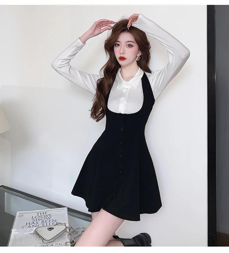 Autumn New Two-piece Skirt Sets Women Long Sleeve White Blouse High Waist Halter Mini Dress Korean Fashion Y2K Harajuku Outfits