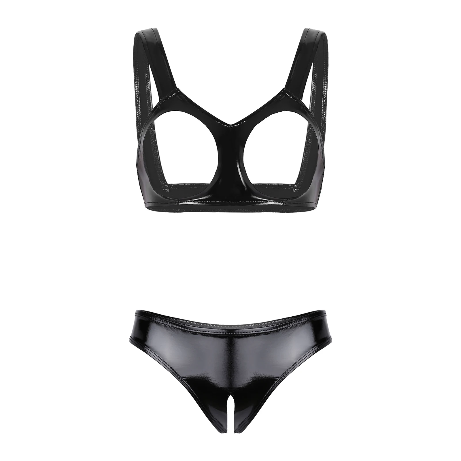 thumbnail image 1 of Conjunto de 2 piezas de lencería sexy de charol con aspecto mojado para mujer, sujetador con copas abiertas y entrepierna abierta, bragas de corte alto, 1 of 5
