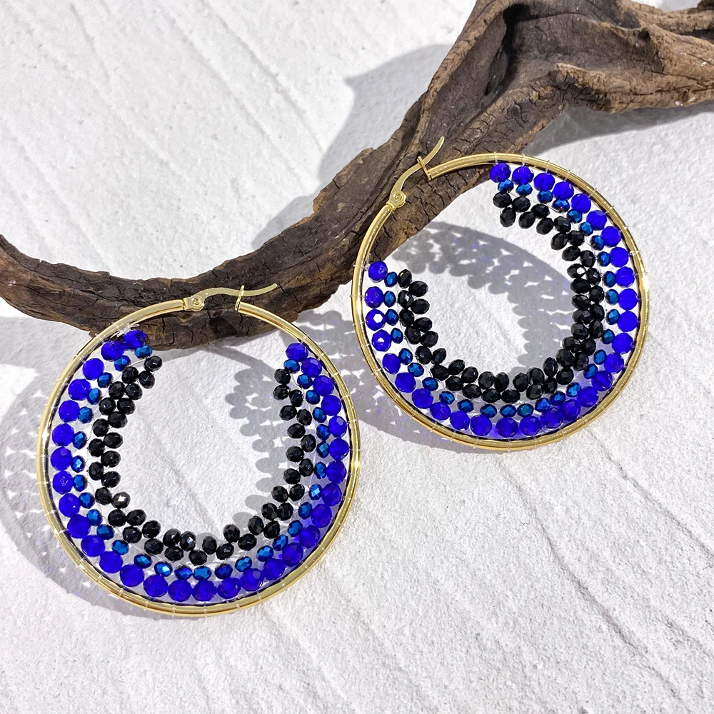 Beaded Teardrop Hoop Earrings - Sparkly Crystal Bohemian Dangling Earrings For Women