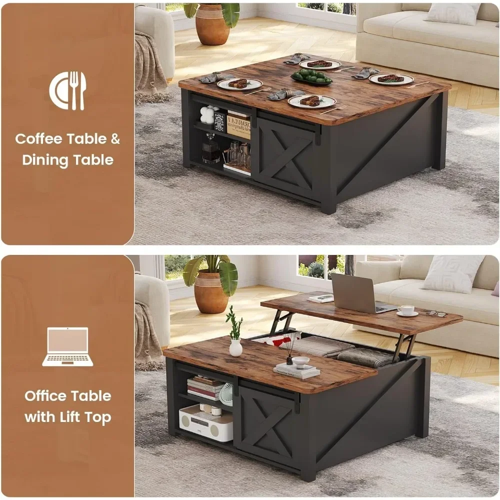 Lift Top Coffee Table with Storage, Square Coffee Table with Hidden Storage Compartment and Adjustable Shelves for Living Room