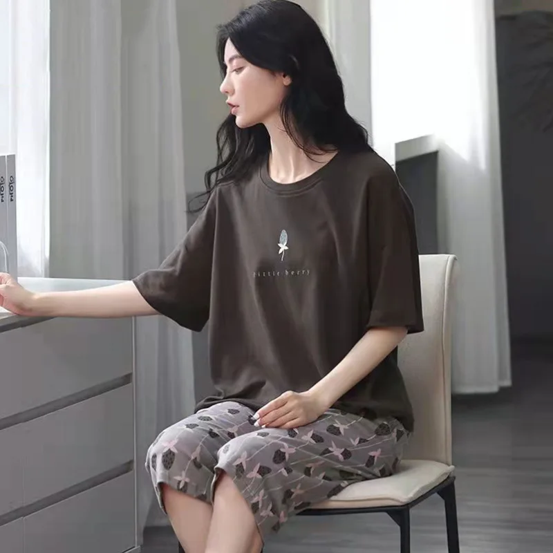 Summer Ladies Two-Piece Pajamas Women Seven Trousers Short-Sleeved Girls New Large Size Pajamas Homewear Suit Leisure Wear 6 Summer Ladies Two-Piece Pajamas Women Seven Trousers Short-Sleeved Girls New Large Size Pajamas Homewear Suit Leisure Wear - Image 6