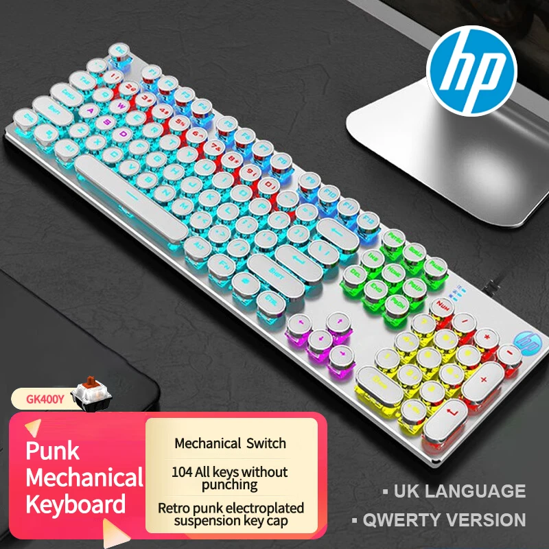 HP GK400Y 기계식 키보드 펑크 게임 키보드 104 키 백라이트 전체 키, 충격 조절 조명 기계식 샤프트 없음
