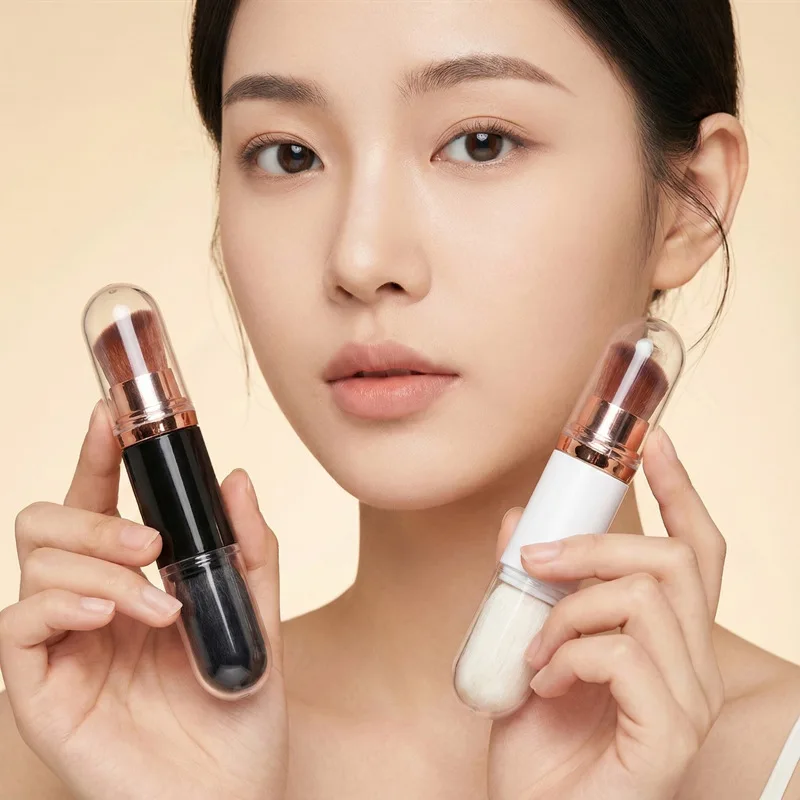 2 in 1 파운데이션 메이크업 브러쉬, 더블 헤드 파운데이션 & 루즈 파우더 메이크업 브러쉬, 듀얼 사용, 리트랙터블 루즈 코스메틱 브러쉬