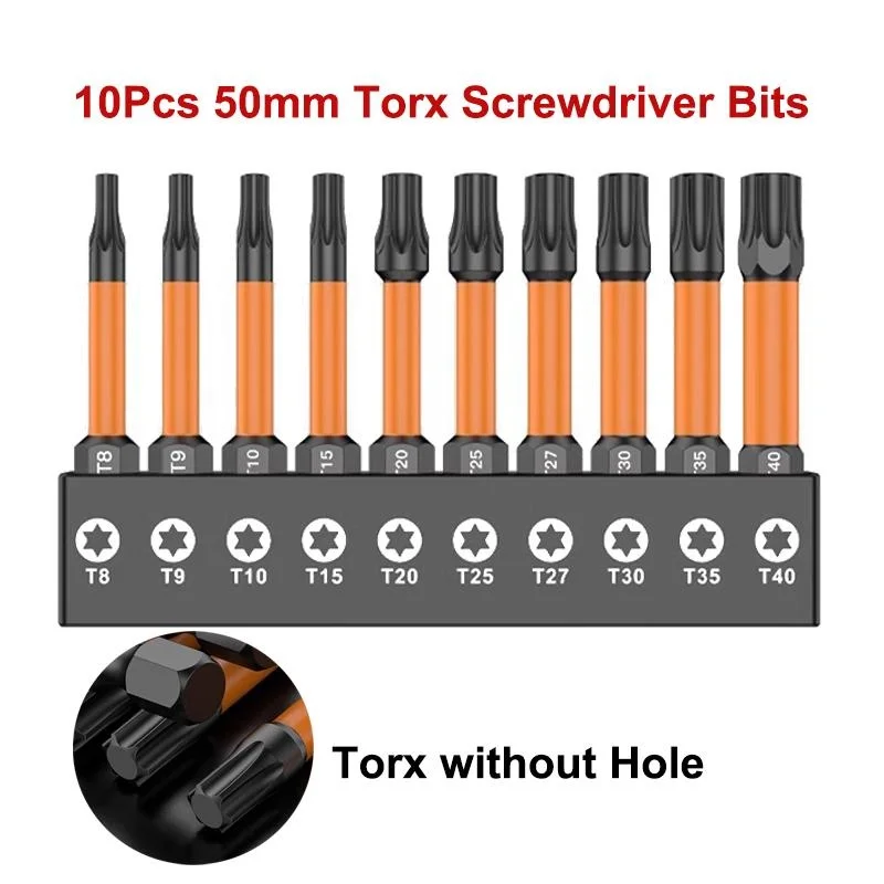 10Pcs Torx Bit Set 50mm Magnetic Torx Star Screwdriver Bits 1/4 Inch Hex Shank Impact Driver Bit