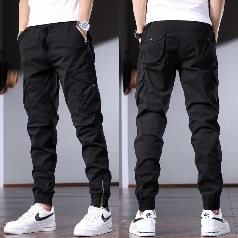 Men's Cotton Cargo Pants Casual Tactical Multiple Pockets Elastic Waist Drawstring Trousers CP2210