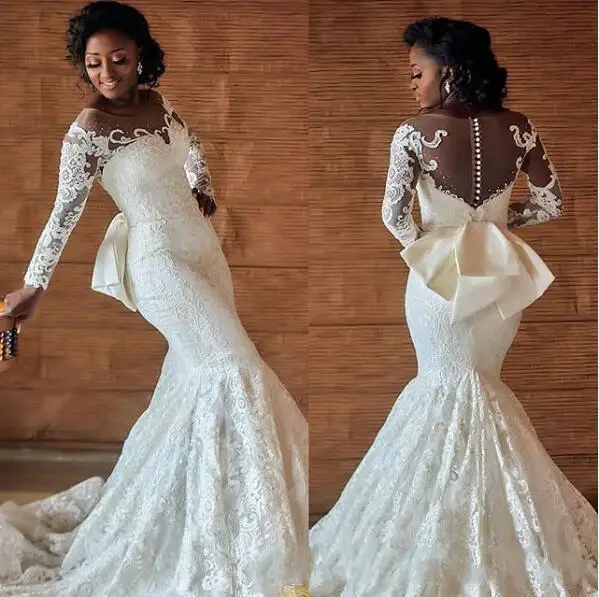 

African Nigerian Mermaid Full Lace Plus Size Country Wedding Gowns Long Sleeve Trumpet Beaded Bridal Dress