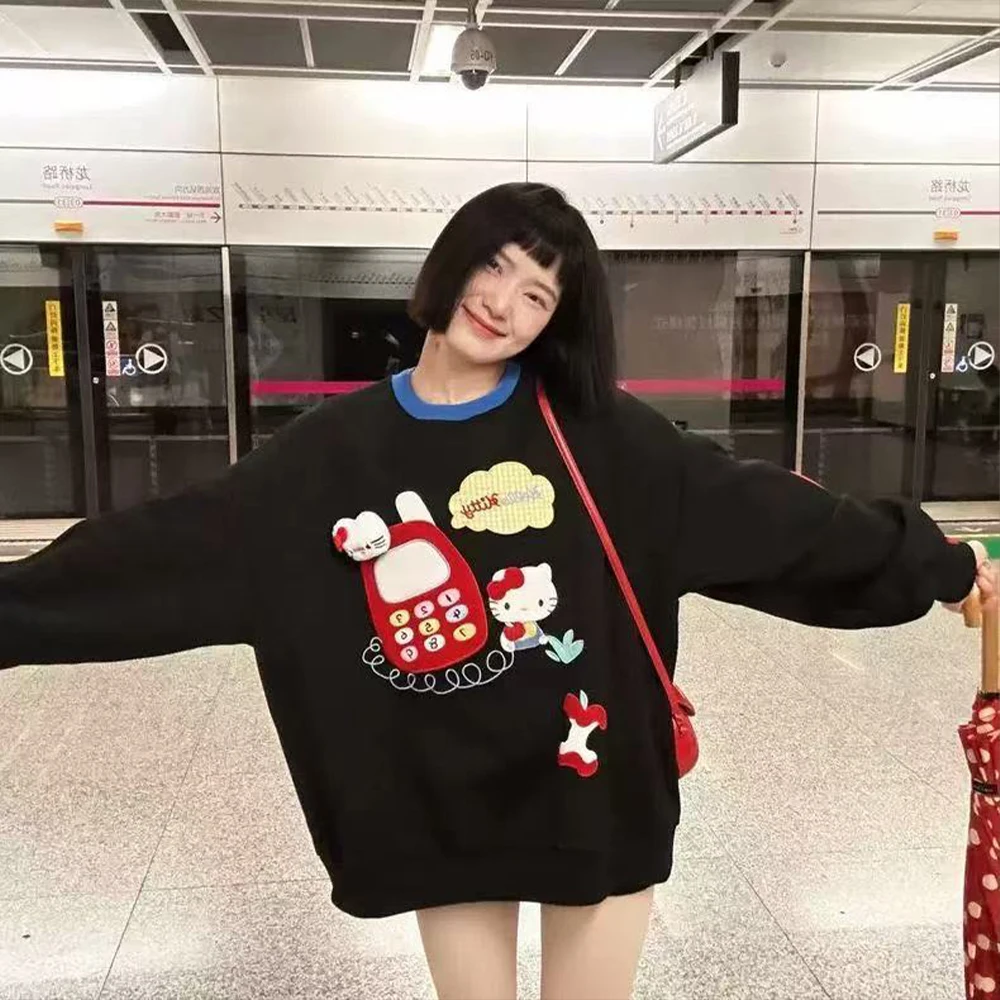 Sanrio Anime 헬로 키티 긴팔 스웨트 셔츠 카와이 가을 프린트 후드 코튼 걸스 탑 루즈 캐주얼 대형 탑