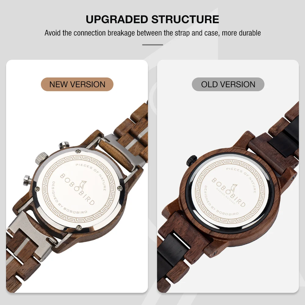Orologio In Legno BOBO BIRD Uomo – Modello GT134, Cronografo Al Quarzo, Cinturino In Acciaio Inox Oro, Quadrante Ebano E Zebrato, Data